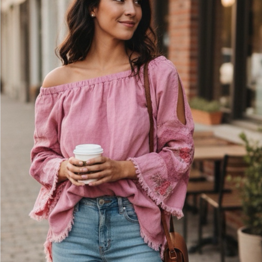 S Standard Grace embroidered cold shoulder top
